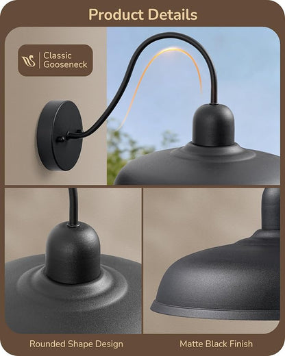EDISHINE 2 Pack Outdoor Wall Light, 12" Farmhouse Gooseneck Barn Light | Black Matte, Hardwired, E26 Base, Weatherproof Wall Mount Lantern for Porch, Entryway, Garage, Garden, Patio