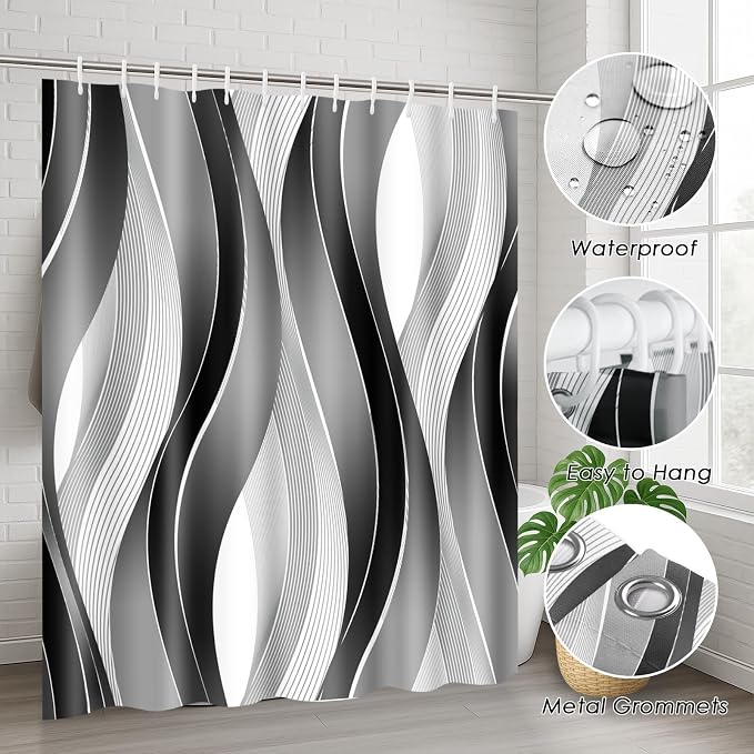 Bathroom Sets with Shower Curtain and Rugs, 4 Pcs Geometric Stripes | Abstract Modern Wavy Bathroom Decor Set with Toilet Lid Cover, Non-Slip Bath Mats and Accessories 12 Hooks