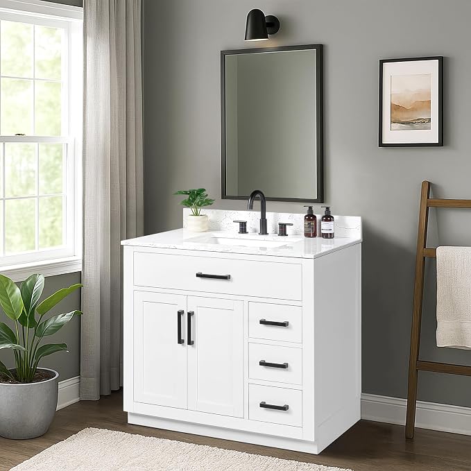 36-inch White Bathroom Vanity with Sink, Solid Wood, 0.79-inch Stone Countertop and Backsplash, 4 Drawers, 2 Soft Closing Doors