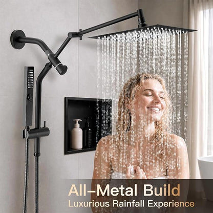 All Metal 10" Shower Head with Handheld, Built-in Power Jet Mode | Luxurious, Square, Rain Shower Heads with Spray Combo Set, High Pressure, Dual, Rainfall, with Extension Arm, Matte Black