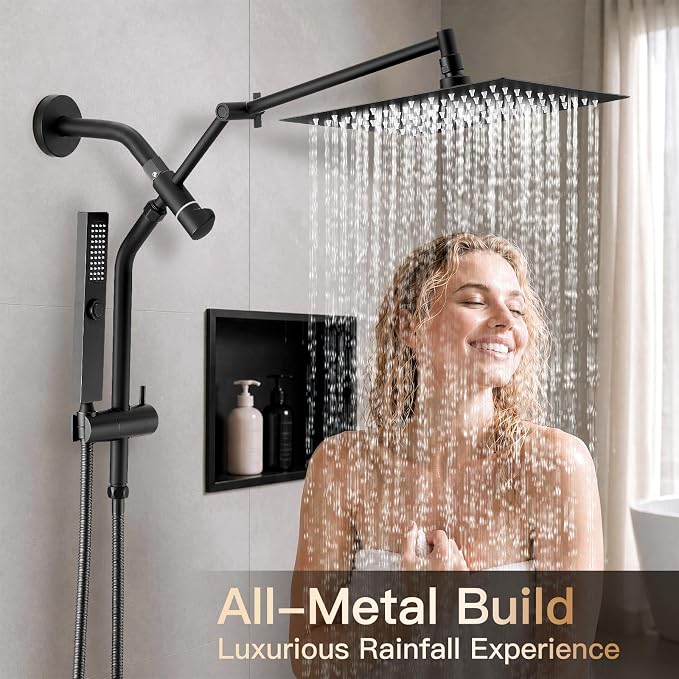 All Metal 12" Shower Head with Handheld, Built-in Power Jet Mode | Luxurious, Square, Rain Shower Heads with Spray Combo Set, High Pressure, Dual, Rainfall, with Extension Arm, Matte Black