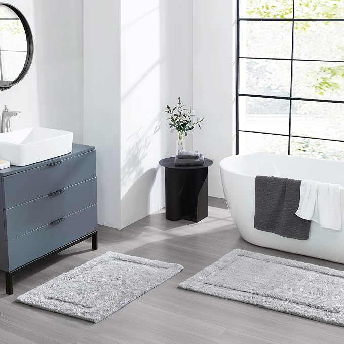 Jean Pierre New York Lydia Border 100% Cotton Bath Mat 2-Piece Set - Non-Slip Bath Rug - Grey - 17"x24" & 20" x 32"
