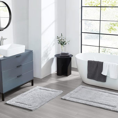 Jean Pierre New York Lydia Border 100% Cotton Bath Mat 2-Piece Set - Non-Slip Bath Rug - Grey - 17"x24" & 20" x 32"