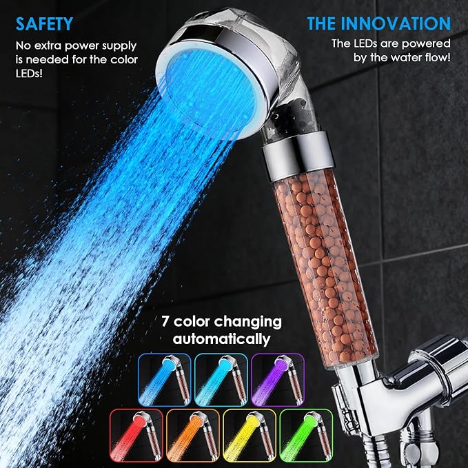 Vacto LED Handheld Shower Head Set with Filtration, Automatic 7-color Changing Shower Head Kit, High Pressure Handheld Shower Head with Hose and Bracket, Water Saving Showerheads with Filtration Beads