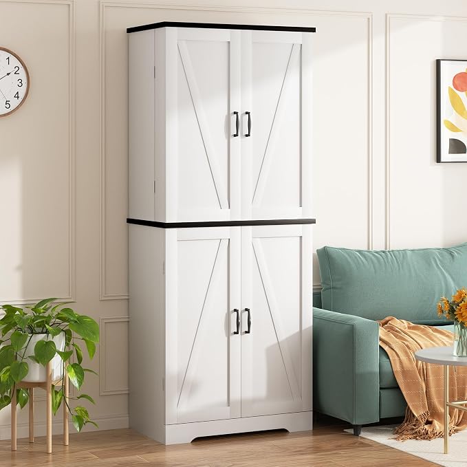 Shintenchi Kitchen Pantry Cabinet, Farmhouse Tall Cupboard Storage, White | Freestanding, with 8 Door Shelves, 2 Cabinets and 1 Drawer, for Kitchen, Living Room, Dining Room and Bathroom