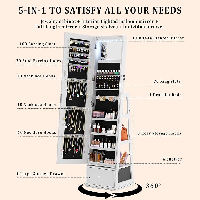 Rotatable 6 LEDs Jewelry Armoire With Drawer, White | 360°Swivel Jewelry Cabinet Standing with Full Length Mirror & Bottom Drawer & Makeup Mirror & 3 Back Rear Shelves & Lockable