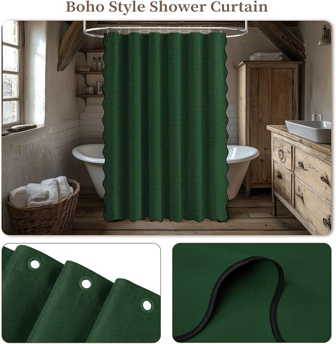 BTTN Extra Long Scalloped Linen Textured Shower Curtain Set, 72x96, Emerald | Extra Tall Size, 230GSM Waterproof Polyester, Heavy Duty Fabric, 12 Plastic Hooks, Boho Farmhouse Style, Machine Washable