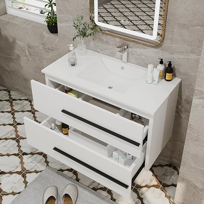 36 Inch Bathroom Vanity with Sink, Modern Floating Vanity Wall Mounted Bathroom Sink Cabinet, Black Handles & 2 Soft-Close Drawers for Small Space (White, 36")