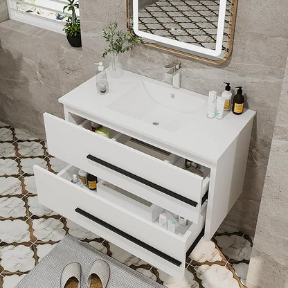 36 Inch Bathroom Vanity with Sink, Modern Floating Vanity Wall Mounted Bathroom Sink Cabinet, Black Handles & 2 Soft-Close Drawers for Small Space (White, 36")