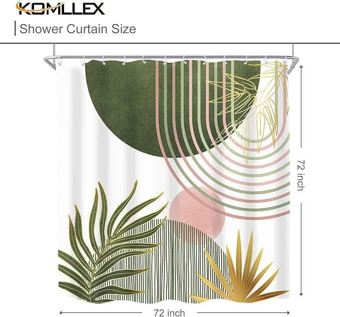 Mid Century Sage Green Pink Boho Abstract Bathroom Shower Curtain Set | 72Wx72L S Plant design, waterproof HD print with fast-drying fabric and 12 hooks.