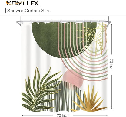 Mid Century Sage Green Pink Boho Abstract Bathroom Shower Curtain Set | 72Wx72L S Plant design, waterproof HD print with fast-drying fabric and 12 hooks.