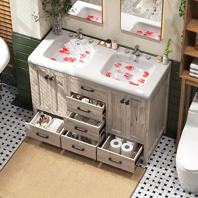 48 Inch Bathroom Vanity with Sink, Bathroom Vanity Cabinet with Double Sink, Bath Vanities with 4 Doors and 5 Drawers, Grey Oak (20" D x 48" W x 36" H)