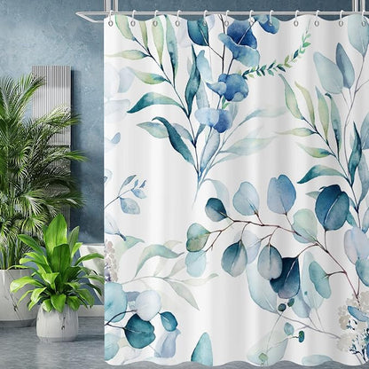 Blue Eucalyptus Leaf Long Shower Curtain, Blue Botanical Watercolor Plants Bathroom Curtain Bathtub Home Decor Waterproof Fabric Machine Washable with 12 PCS Hooks,72" Wx84 L