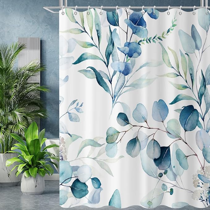 Blue Eucalyptus Leaf Shower Curtain, Blue Botanical Watercolor Plants Bathroom Curtain Bathtub Home Decor Waterproof Fabric Machine Washable with 12 PCS Hooks,72" Wx78 L