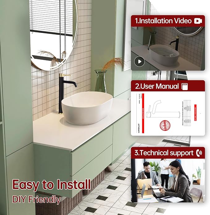 SUMERAIN Bathroom Vessel Sink Faucet Black and Gold, 304 Stainless Steel | Tall, Single Handle, Single Hole, Lead-Free, Water-Saving, with Faucet Supply Lines, Easy DIY Install