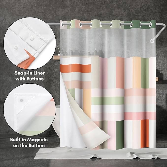 Americanflat 72x75 Hookless Shower Curtain - Water-Resistant Modern Stripe Shower Curtain with Sheer Panel, Snap-In Liner, and Grommets - 100% Polyester - Pink, Sage Green, Terracotta, Peach and White