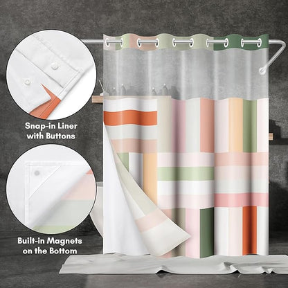 Americanflat 72x75 Hookless Shower Curtain - Water-Resistant Modern Stripe Shower Curtain with Sheer Panel, Snap-In Liner, and Grommets - 100% Polyester - Pink, Sage Green, Terracotta, Peach and White