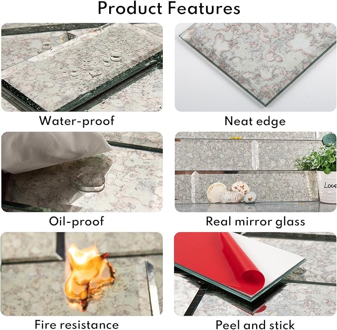 Peel and Stick Antique Beveled Mirror Tile Subway Mirror Backsplash 3x12 Inch for Kitchen Bathroom Wall (20 Pcs, 5 SQ.FT.)