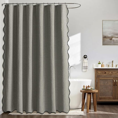 MIULEE 72"x84" Extra Long Scalloped Linen Shower Curtain Grey | Linen Textured, Waterproof, Washable, 12 Metal Hooks, Heavy Duty Cloth, Black Border, Shower Curtain for Bathroom Bathtub