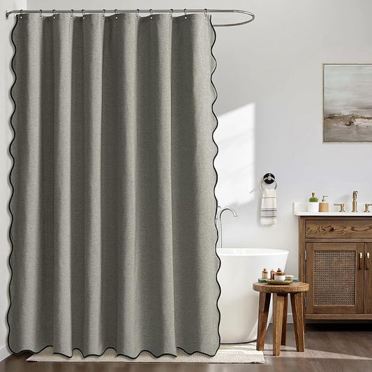 MIULEE 72"x84" Extra Long Scalloped Linen Shower Curtain Grey | Linen Textured, Waterproof, Washable, 12 Metal Hooks, Heavy Duty Cloth, Black Border, Shower Curtain for Bathroom Bathtub