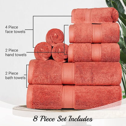 SUPERIOR Egyptian Cotton Ultra Plush & Absorbent, 8 Piece Set, Coral | Quick Dry, Soft Luxury Towel Set, Bath Essentials, Guest Bath, Spa, 2 Bath, 2 Hand, 4 Face Towels, Madeline Towels