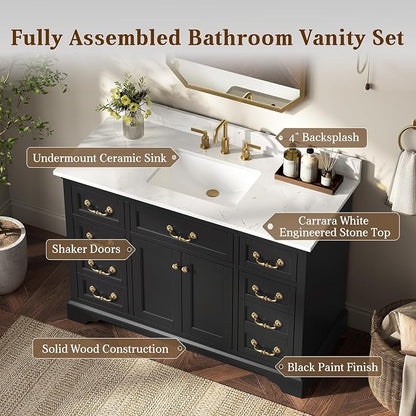 48 Inch Classic Black Bathroom Vanity with Sink, Solid Wood | Pre Assembled, Freestanding Storage Cabinet, Single Ceramic Sink, Engineered Stone Top, Soft Closing Doors, Dovetail Drawers
