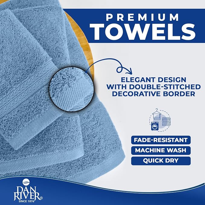 DAN RIVER 8 Piece Luxury Bath Towels for Bathroom, Towel Set, Medium Blue | 2 Bath towels, 2 Hand towels, and 4 Wash Cloths, 600 GSM 100% Ring Spun Cotton, Highly Absorbent, Gym, Hotel, guest, and Spa