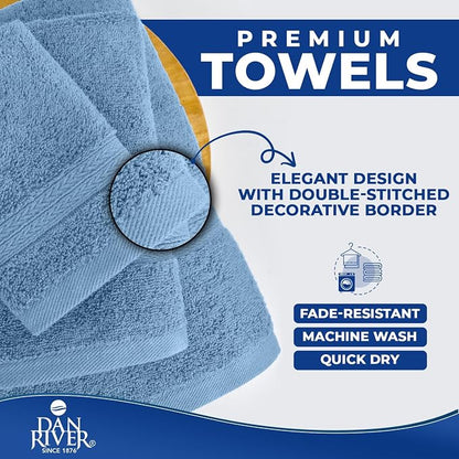 DAN RIVER 8 Piece Luxury Bath Towels for Bathroom, Towel Set, Medium Blue | 2 Bath towels, 2 Hand towels, and 4 Wash Cloths, 600 GSM 100% Ring Spun Cotton, Highly Absorbent, Gym, Hotel, guest, and Spa