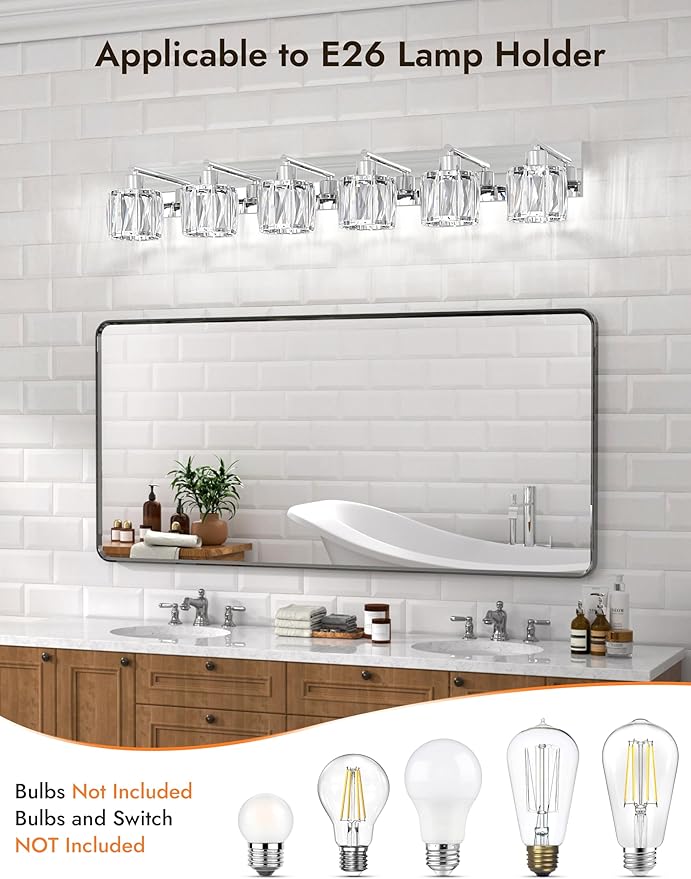 VOLISUN Crystal Vanity Lights - 6 Light Modern Stainless Steel Bathroom Light Over Mirror, Chrome Finish - UL Certificated (Exclude Bulb)