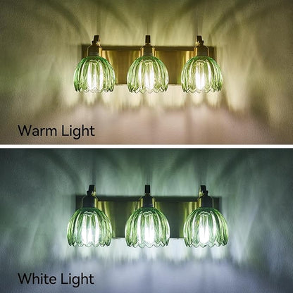 3-Light Vanity Lights with Green Tulip Glass Shade, Gold Bathroom Lighting Fixture Over Mirror, Vintage Vanity Wall Sconce Lamp for Kitchen Living Room Hallway
