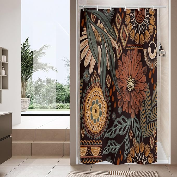 Dark Floral Shower Curtain, Vintage Botanical Boho Fabric Curtain, 36 x 72 | Boho Chic Floral, Vintage Botanical, Modern Farmhouse, Eclectic Rustic, Colorful Flowers, Fabric Shower Curtain