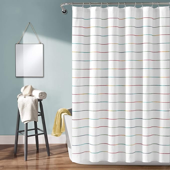 Lush Decor Ombre Stripe Yarn Dyed Cotton Shower Curtain, 72" W x 72" L, Rainbow - Fabric Shower Curtains - Striped Bathroom Curtain - Farmhouse & Coastal Decor