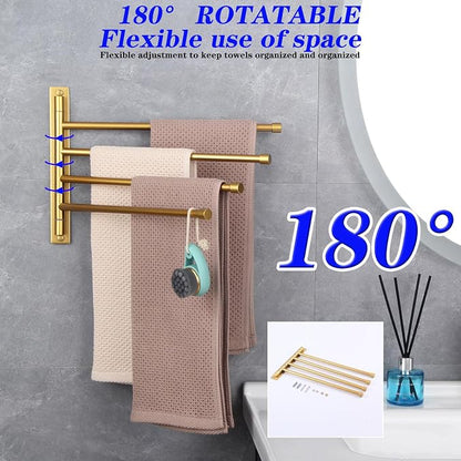 GERZWY Wall Mount Bath Towel Rack with 4 Arms Hanger Towel Holder Bathroom Swing Arm Towel Bars Organizer Stainless Steel Gold Finished HYG04-BE