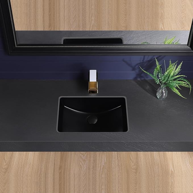 Undermount Bathroom Sink 18x13 Inch Small Bathroom Sink Black Porcelain Ceramic Bathroom Under Counter Lavatory Vanity Sink Basin Rectangular Undermount Sinks with Overflow