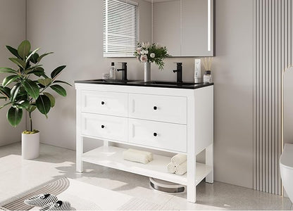 eclife 48" Bathroom Vanity with Sink Combo, Modern Painted Vanities Cabinet with Big Drawers, Opening Bottom Shelf, Raised Foot Pads, Include Undermount Black Sink, Faucet & Drain, White
