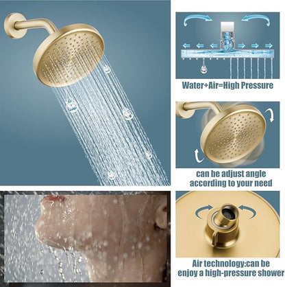 Aolemi Tub Shower Faucet Set With Valve Wall Mount Shower Trim Kit 6 Inch Bathtub Fixtures Rough-in Valve Single-Spray Shower Head System 5.3 Inch Tub Spout Brushed Gold Modern