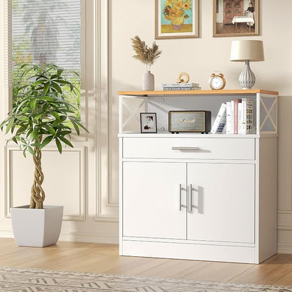 Shintenchi Kitchen Buffet Cabinet with Adjustable Shelf, Modern Kitchen Storage Cabinet,Farmhouse Coffee Bar Cabinet（White）