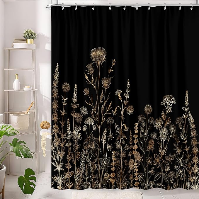Vintage Black and Gold Boho Shower Curtain, Black and Tan Cream Floral Aesthetic Dark Wildflower Botanical Flowers Shower Curtain for Bathroom with Hook,Farmhouse Plant Art Chic Shower Curtain 60X72