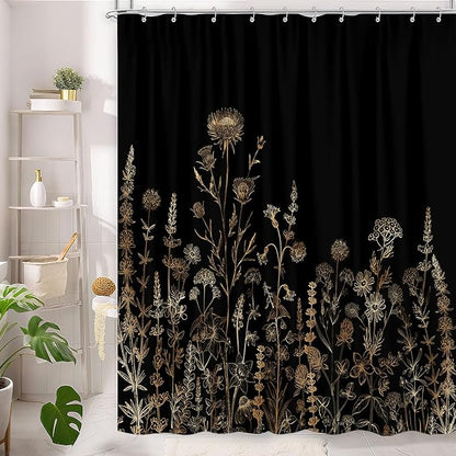 Vintage Black and Gold Boho Shower Curtain, Black and Tan Cream Floral Aesthetic Dark Wildflower Botanical Flowers Shower Curtain for Bathroom with Hook,Farmhouse Plant Art Chic Shower Curtain 60X72