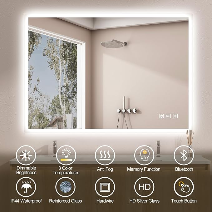 SBAGNO 36''x28'' LED Bathroom Mirror with Lights, Bluetooth Speaker | Stepless Dimmable, 3 Color Temperature, Anti-Fog, Tempered Glass, Touch Control, Lighted Smart Mirror for Bathroom