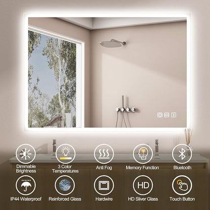 SBAGNO 36''x28'' LED Bathroom Mirror with Lights, Bluetooth Speaker | Stepless Dimmable, 3 Color Temperature, Anti-Fog, Tempered Glass, Touch Control, Lighted Smart Mirror for Bathroom