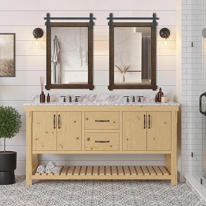 Besdomus Bathroom Rustic Wall Mirror: 24"x36" Brown Barn Door Farmhouse Solid Cedar Wood Frame - Wall Mounted Mirror for Entryway/Hallway/Bathroom - Home Decor for Modern Farmhouse Enthusiasts