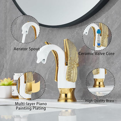 Bathroom Faucet White Mixed Gold Swan Single Handle 1 Hole Bathroom Vanity Faucet Basin Tap Deck Mount Lavatory