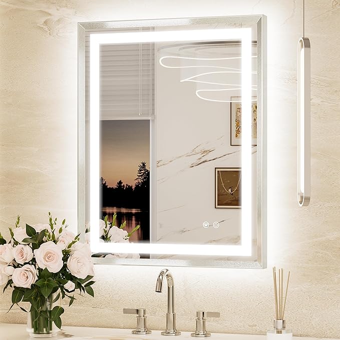 Keonjinn 24x30 Inch Brushed Nickel LED Bathroom Mirror with Lights | Frontlit & Backlit, Lighted Bathroom Mirror, HD Tempered Glass, 3 Color Temperatures, Anti-fog, Stepless Dimmable