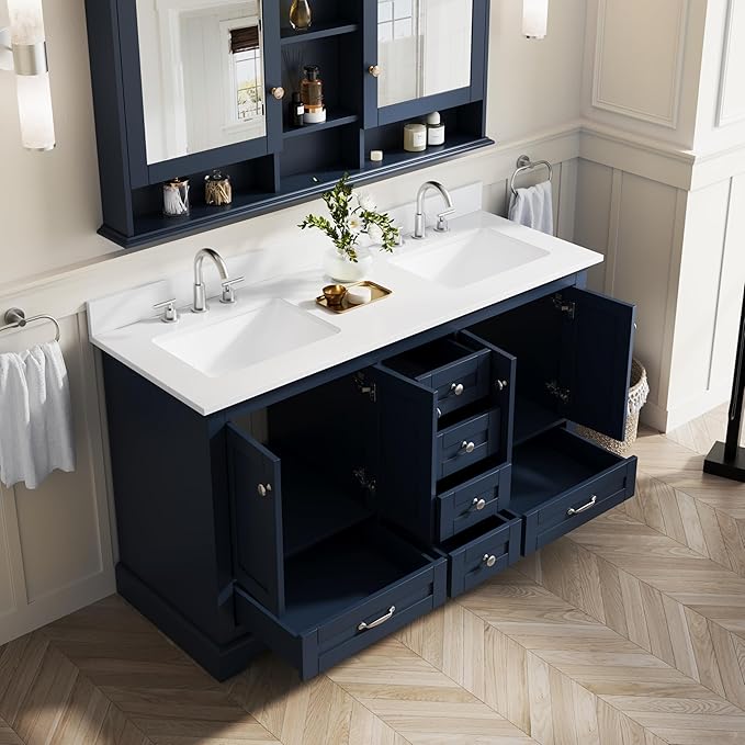 WELLFOR 60" Bathroom Vanity with Double Sinks, Bathroom Freestanding Vanity W/4 Soft-Close Doors and 6 Drawers, Large Storage Space Vanity, Bathroom Vanity with Cultured Marble Countertop (Navy Blue)