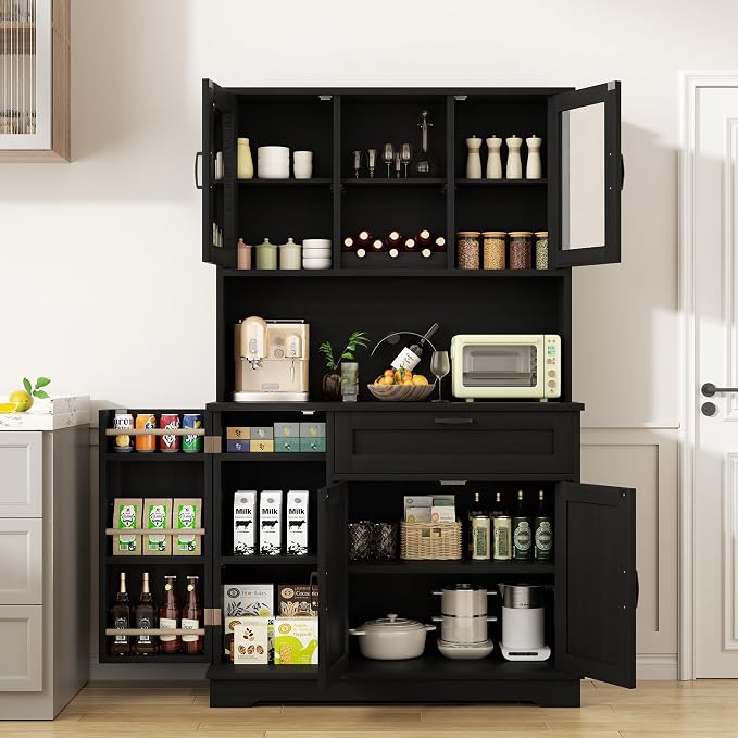 Shintenchi 68" Kitchen Pantry Storage Cabinet, with Microwave Stand, Black | Freestanding Buffet Cabinet, with 3 Door Shelves, Kitchen Hutch with Doors, Adjustable Shelves and Wine Rack