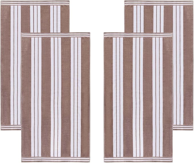 Superior Oversized Cotton Beach Towel Set of 4, Absorbent Towels for Bathroom, Beach, Pool, Swim, Adults, Kids, Vacation, Travel, Bath Sheet, Quick Dry Basics, Trip Essentials, Striped Decor, Taupe