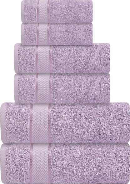 6 Piece 100% Cotton Bath Towel Set - 2 Bath - 2 Hand - 2 Face, Lavender | 100% Cotton • Thick & Plush • Hotel Quality • Ultra Soft • Highly Absorbent • Quick Dry • Low Lint • Machine Washable