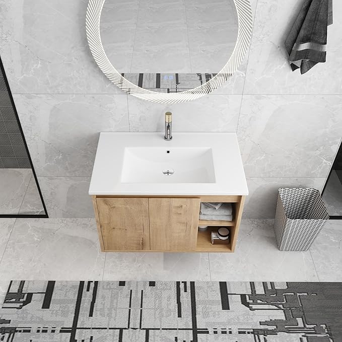 30 Inch Bathroom Vanity with Sink, Imitative Oak Modern Wall Mount Floating Vanity Set with Soft-Closing Door and Ceramic Basin, Contemporary Styling for Elegant Bathrooms