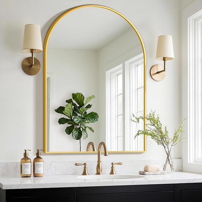 FGU Arched Bathroom Mirror for Over Sink 40"x28" Gold Vanity Mirror | Wall Mounted, HD Tempered Shatter-Proof Glass, Rust-proof Arched Metal Frame, Arch Mirror for Bedroom, Living Room, Entryway